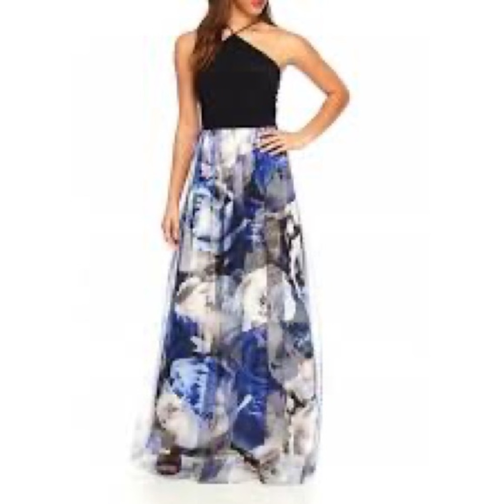 Blondie Nites Floral Print Mesh Halter Gown - Picture 2 of 9